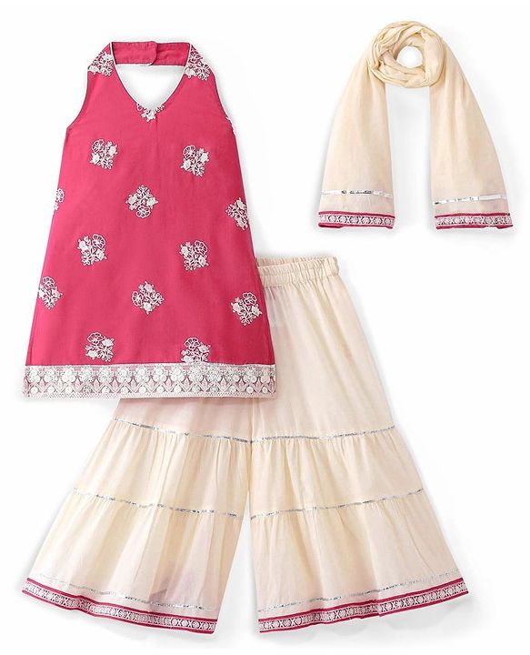 Babyhug Woven  Sleeveless Floral Embroidered Halter Neck Chanderi Kurti Palazo Set with Dupatta - Pink