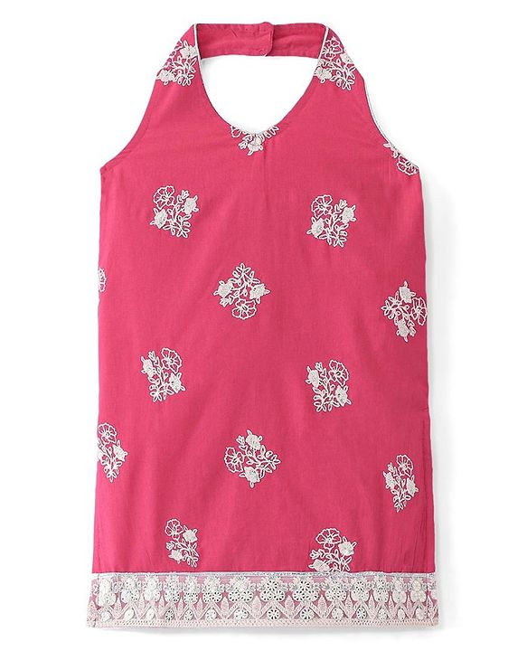 Babyhug Woven  Sleeveless Floral Embroidered Halter Neck Chanderi Kurti Palazo Set with Dupatta - Pink