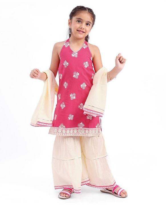 Babyhug Woven  Sleeveless Floral Embroidered Halter Neck Chanderi Kurti Palazo Set with Dupatta - Pink