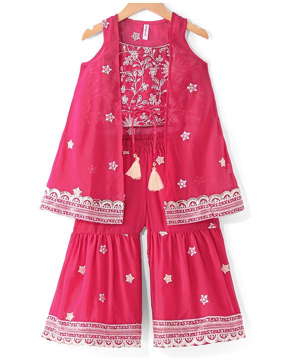 Babyhug Sleeveless  Top With Sharara & Floral Embroidered Jacket Set - Pink
