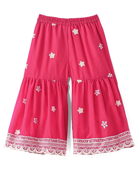 Babyhug Sleeveless  Top With Sharara & Floral Embroidered Jacket Set - Pink