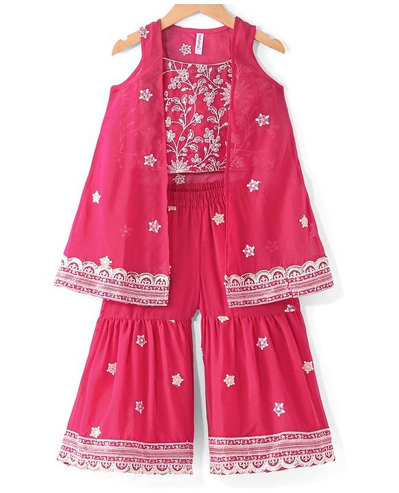 Babyhug Sleeveless  Top With Sharara & Floral Embroidered Jacket Set - Pink