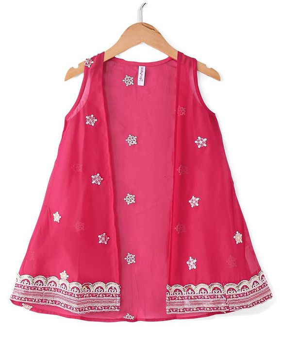 Babyhug Sleeveless  Top With Sharara & Floral Embroidered Jacket Set - Pink