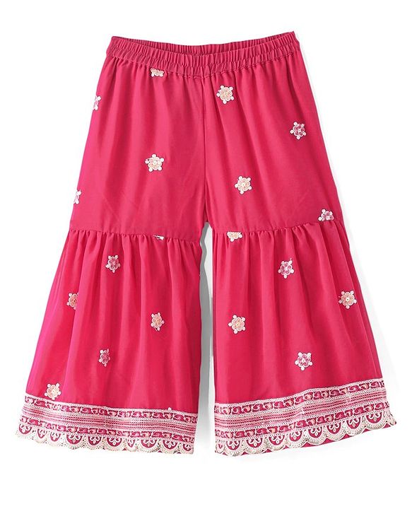 Babyhug Sleeveless  Top With Sharara & Floral Embroidered Jacket Set - Pink