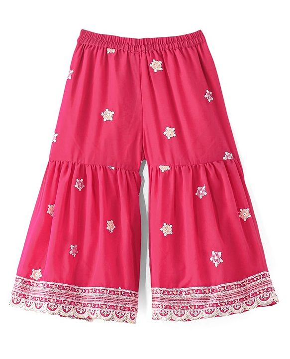 Babyhug Sleeveless  Top With Sharara & Floral Embroidered Jacket Set - Pink