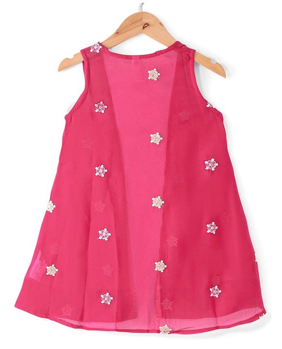 Babyhug Sleeveless  Top With Sharara & Floral Embroidered Jacket Set - Pink
