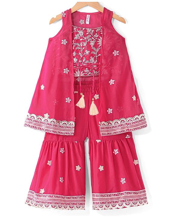 Babyhug Sleeveless  Top With Sharara & Floral Embroidered Jacket Set - Pink