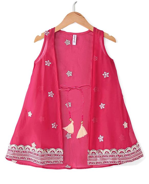 Babyhug Sleeveless  Top With Sharara & Floral Embroidered Jacket Set - Pink