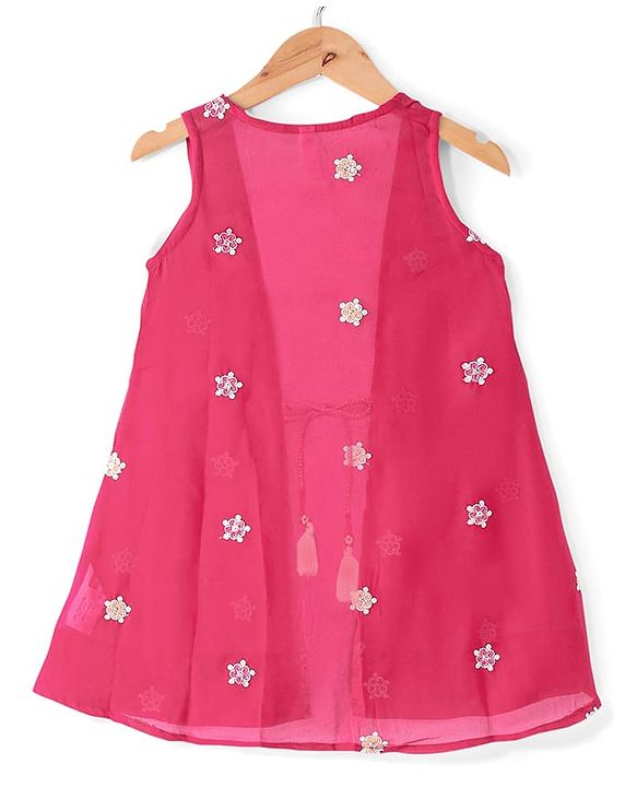 Babyhug Sleeveless  Top With Sharara & Floral Embroidered Jacket Set - Pink