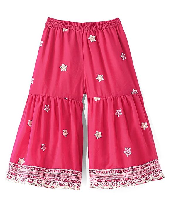 Babyhug Sleeveless  Top With Sharara & Floral Embroidered Jacket Set - Pink