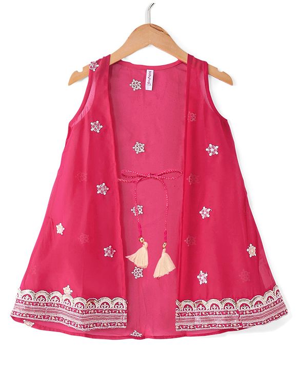 Babyhug Sleeveless  Top With Sharara & Floral Embroidered Jacket Set - Pink
