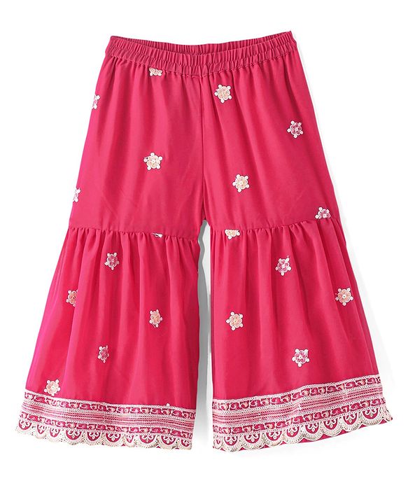 Babyhug Sleeveless  Top With Sharara & Floral Embroidered Jacket Set - Pink