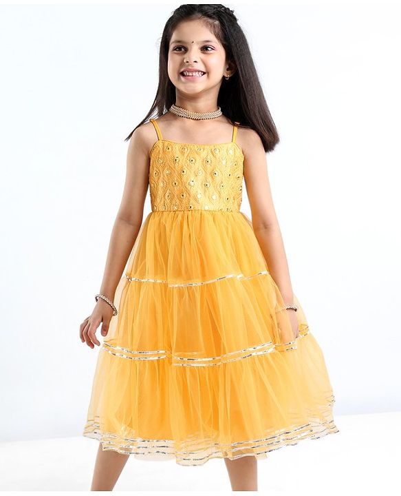 Babyhug Woven Sleeveless Net Embroidered Ethnic Dress - Orange
