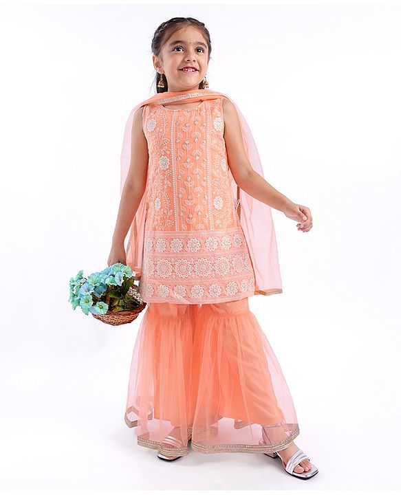 Babyhug Woven Sleeveless Kurti & Sharara Set with Dupatta with Floral Embroidery Detailing - Peach