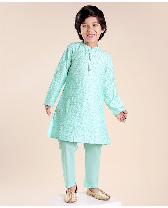 Babyhug Woven Full Sleeves Floral Embroidered Kurta & Pyjama Set - Aqua