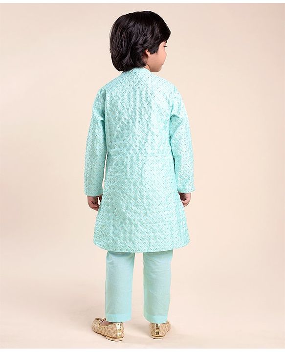 Babyhug Woven Full Sleeves Floral Embroidered Kurta & Pyjama Set - Aqua