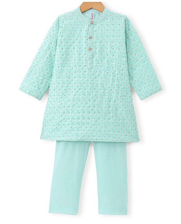 Babyhug Woven Full Sleeves Floral Embroidered Kurta & Pyjama Set - Aqua