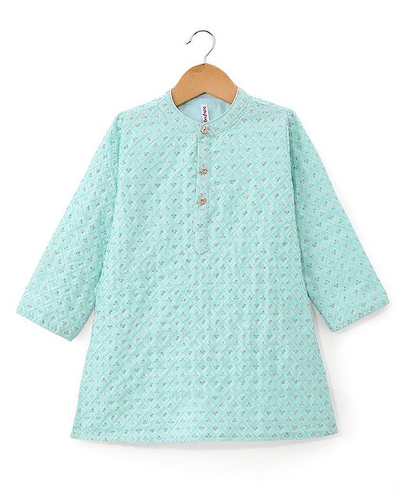 Babyhug Woven Full Sleeves Floral Embroidered Kurta & Pyjama Set - Aqua