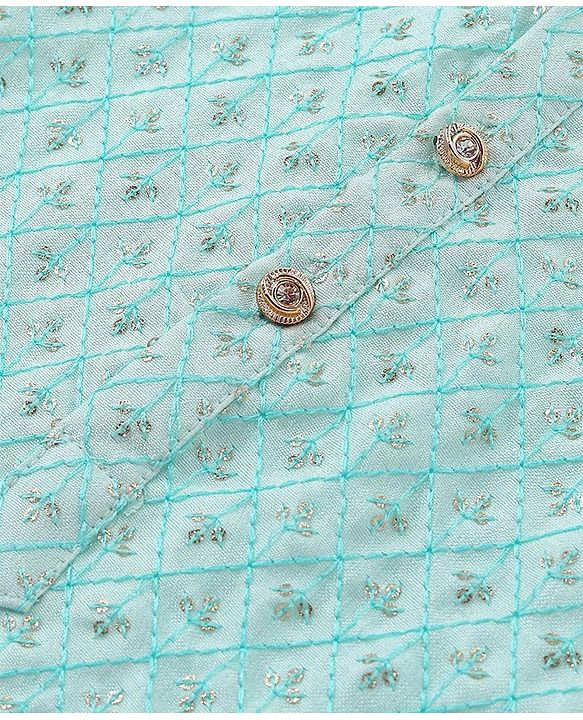 Babyhug Woven Full Sleeves Floral Embroidered Kurta & Pyjama Set - Aqua