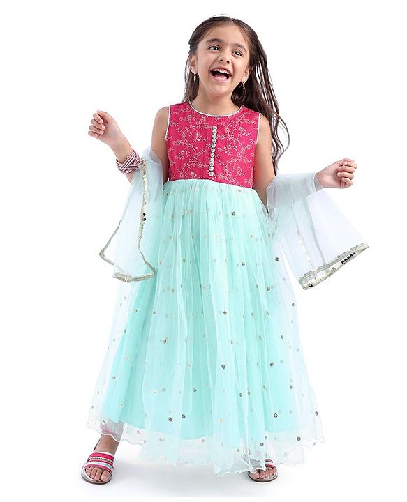 Babyhug Woven Sleeveless Net Embroidered Ethnic Dress - Aqua Blue