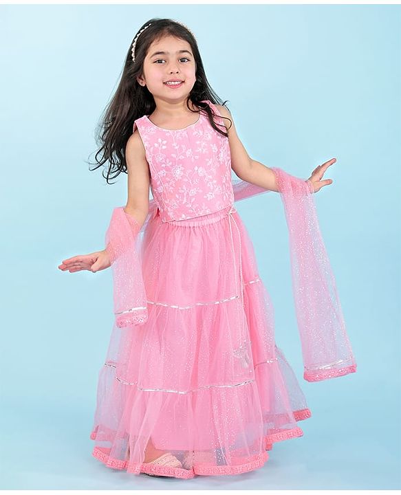 Babyhug  Sleeveless Net Embroidered Lehenga Choli and Dupatta Set- Pink