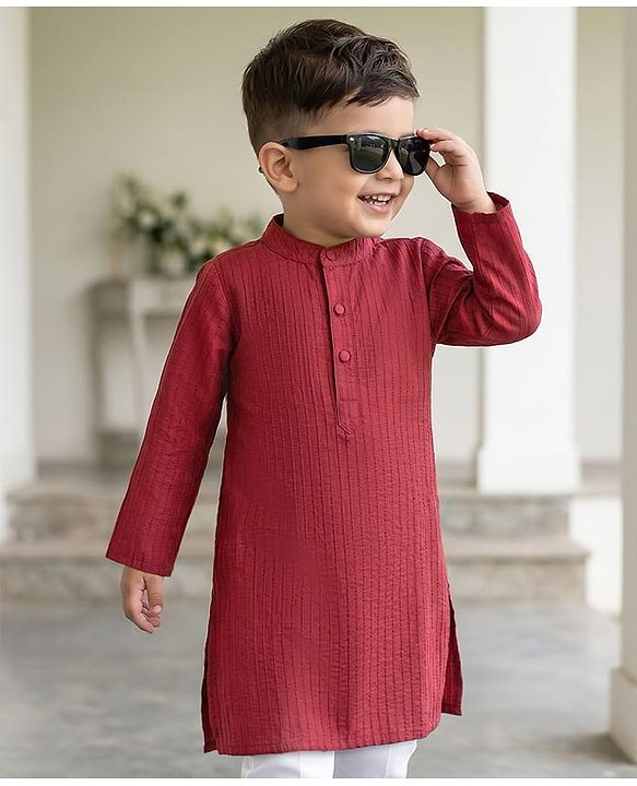 Babyhug 100% Cotton Woven Pin Tucked Kurta Solid Colour - Maroon