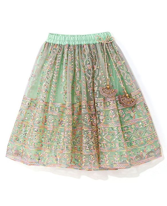Babyhug Woven Half Sleeves Sequenced Embroidered Lehenga Choli & Dupatta Set - Mint
