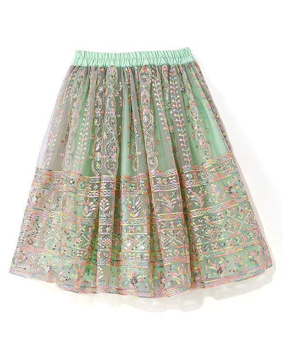 Babyhug Woven Half Sleeves Sequenced Embroidered Lehenga Choli & Dupatta Set - Mint