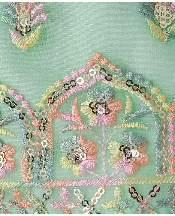 Babyhug Woven Half Sleeves Sequenced Embroidered Lehenga Choli & Dupatta Set - Mint