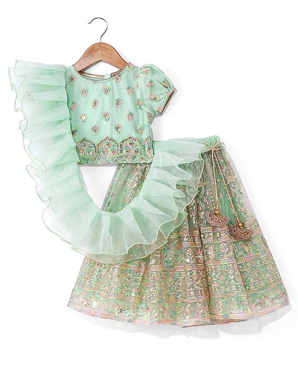 Babyhug Woven Half Sleeves Sequenced Embroidered Lehenga Choli & Dupatta Set - Mint