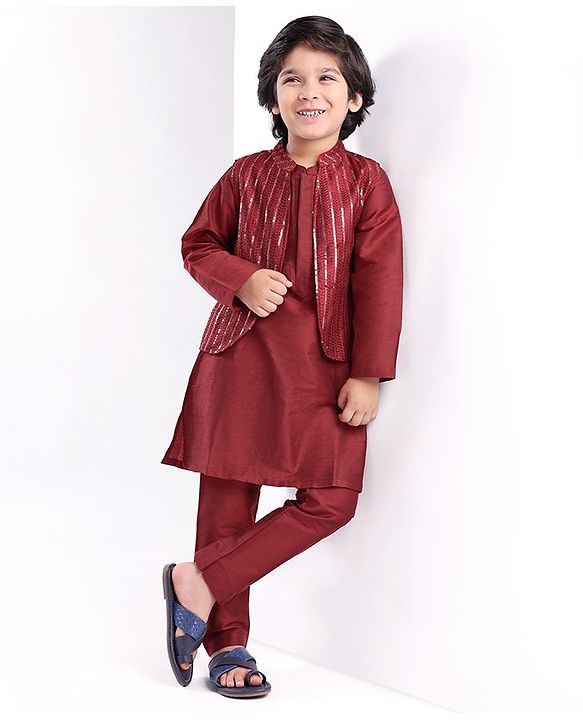 Babyhug Woven Full Sleeves Solid Colour Pathani Kurta Pyjama Set with Sequined Embroidered Jacket - Maroon