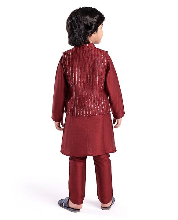 Babyhug Woven Full Sleeves Solid Colour Pathani Kurta Pyjama Set with Sequined Embroidered Jacket - Maroon