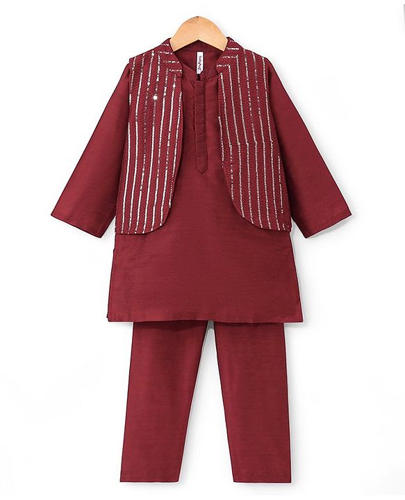 Babyhug Woven Full Sleeves Solid Colour Pathani Kurta Pyjama Set with Sequined Embroidered Jacket - Maroon