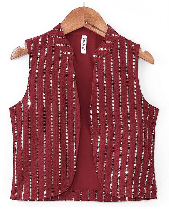 Babyhug Woven Full Sleeves Solid Colour Pathani Kurta Pyjama Set with Sequined Embroidered Jacket - Maroon