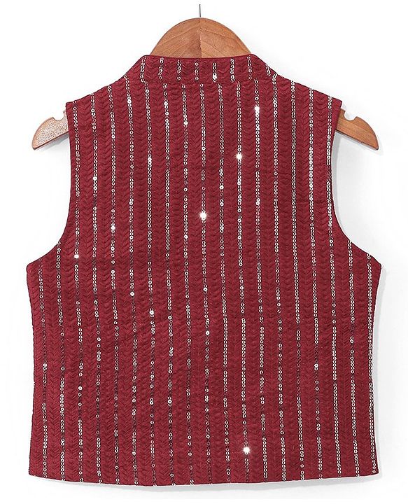 Babyhug Woven Full Sleeves Solid Colour Pathani Kurta Pyjama Set with Sequined Embroidered Jacket - Maroon