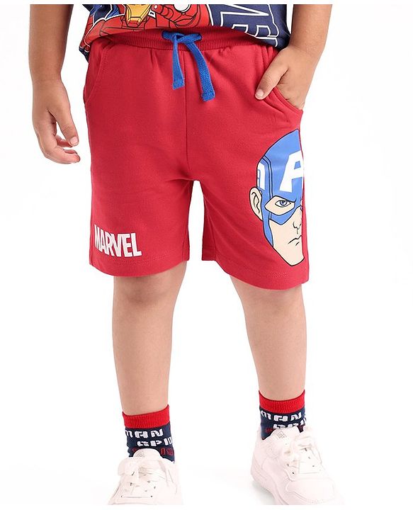 Babyhug Marvel Cotton Knit Shorts With Avengers Graphics - Red