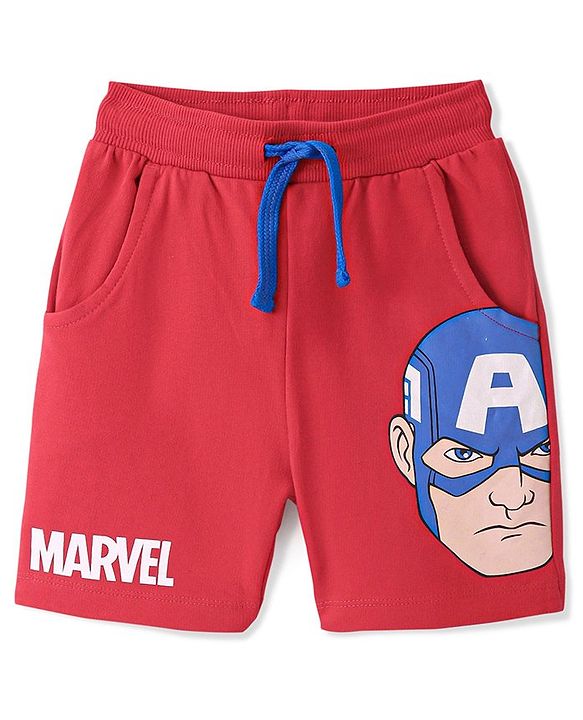 Babyhug Marvel Cotton Knit Shorts With Avengers Graphics - Red