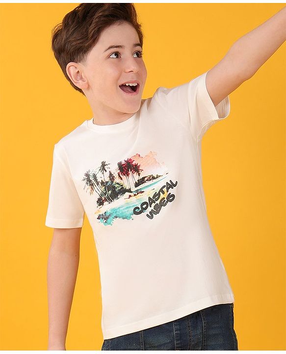 Pine Kids Cotton Half Sleeves T-Shirt With Coastal Vibes Print - Snow White