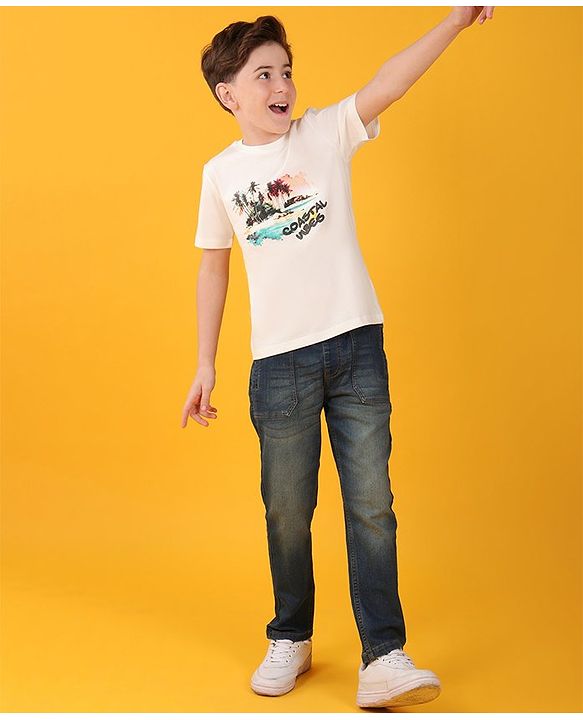 Pine Kids Cotton Half Sleeves T-Shirt With Coastal Vibes Print - Snow White