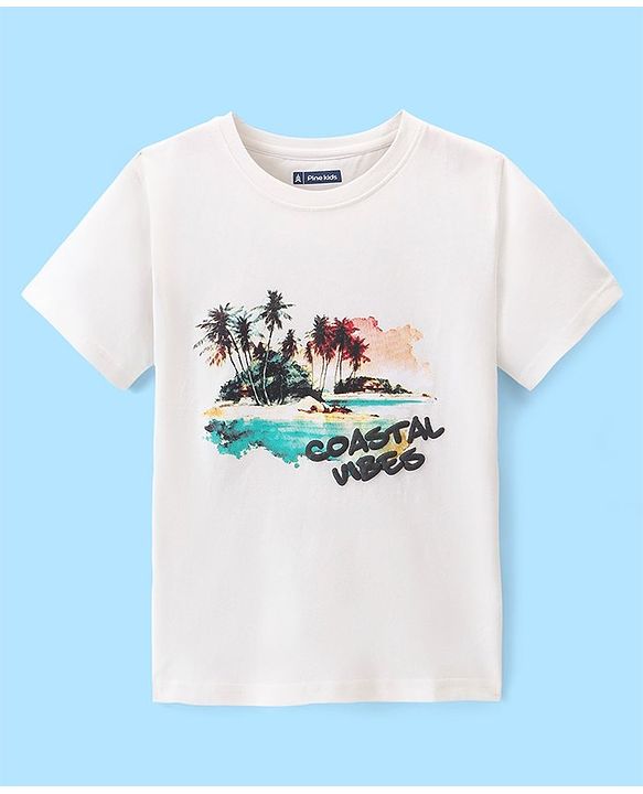Pine Kids Cotton Half Sleeves T-Shirt With Coastal Vibes Print - Snow White