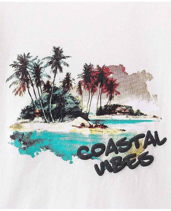 Pine Kids Cotton Half Sleeves T-Shirt With Coastal Vibes Print - Snow White