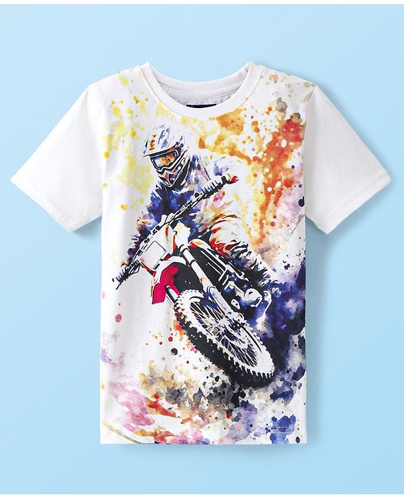 Pine Kids 100% Cotton Knit Half Sleeves T-Shirt Motorcycle Print - Snow White