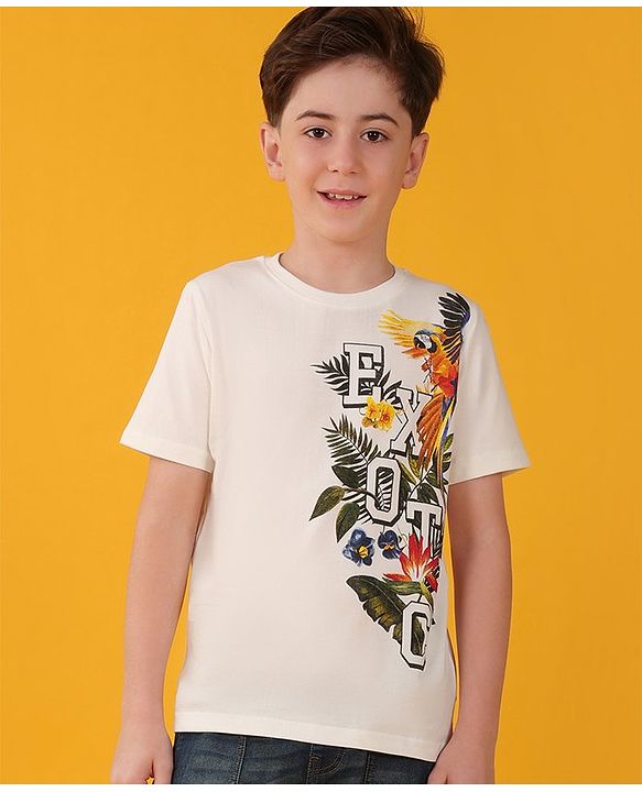Pine Kids 100% Cotton Knit Half Sleeves T-Shirt Floral Print - Snow White