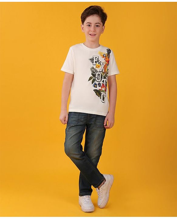 Pine Kids 100% Cotton Knit Half Sleeves T-Shirt Floral Print - Snow White