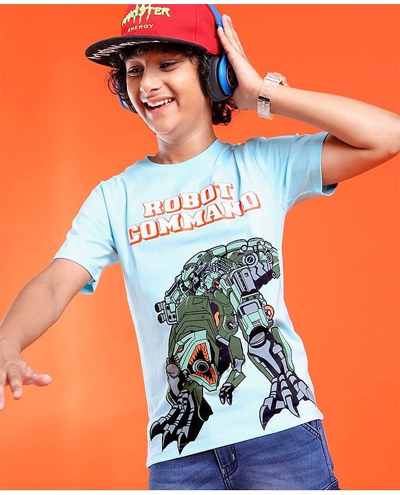 Pine Kids  Cotton Knit Half Sleeves T-Shirt with Robot Print - Blue