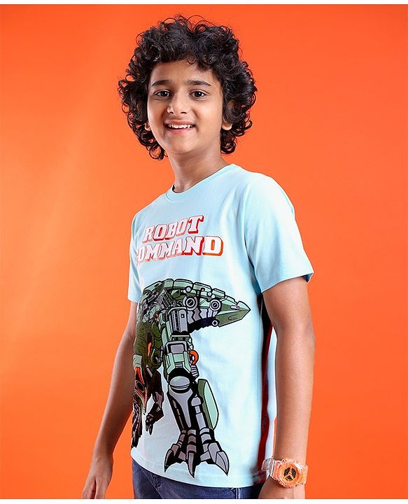 Pine Kids  Cotton Knit Half Sleeves T-Shirt with Robot Print - Blue