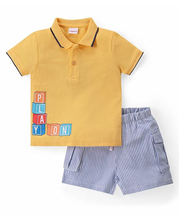 Babyhug Cotton Knit Half Sleeves Text Printed Polo T-Shirt & Striped Shorts Set - Yellow & Blue