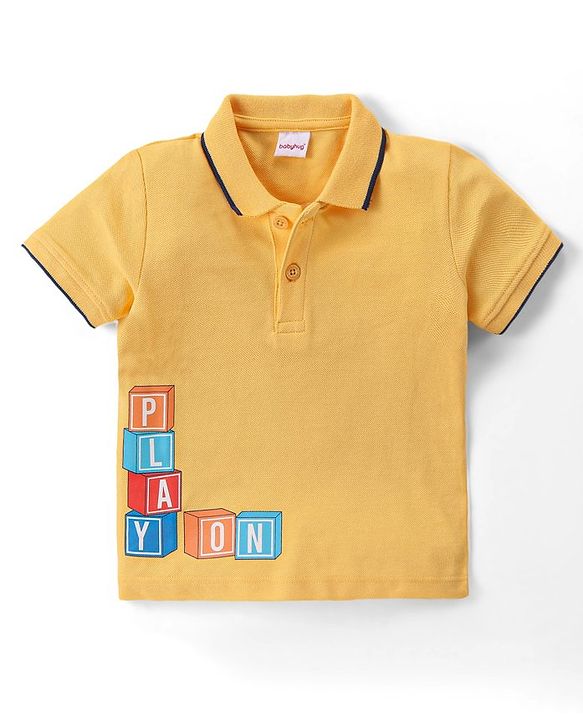 Babyhug Cotton Knit Half Sleeves Text Printed Polo T-Shirt & Striped Shorts Set - Yellow & Blue