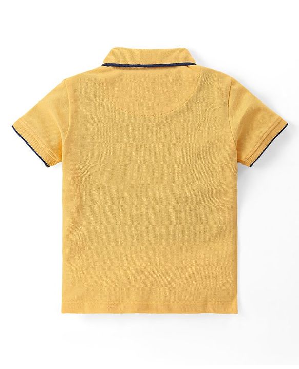 Babyhug Cotton Knit Half Sleeves Text Printed Polo T-Shirt & Striped Shorts Set - Yellow & Blue