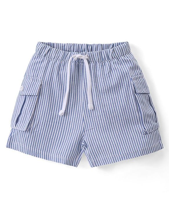 Babyhug Cotton Knit Half Sleeves Text Printed Polo T-Shirt & Striped Shorts Set - Yellow & Blue